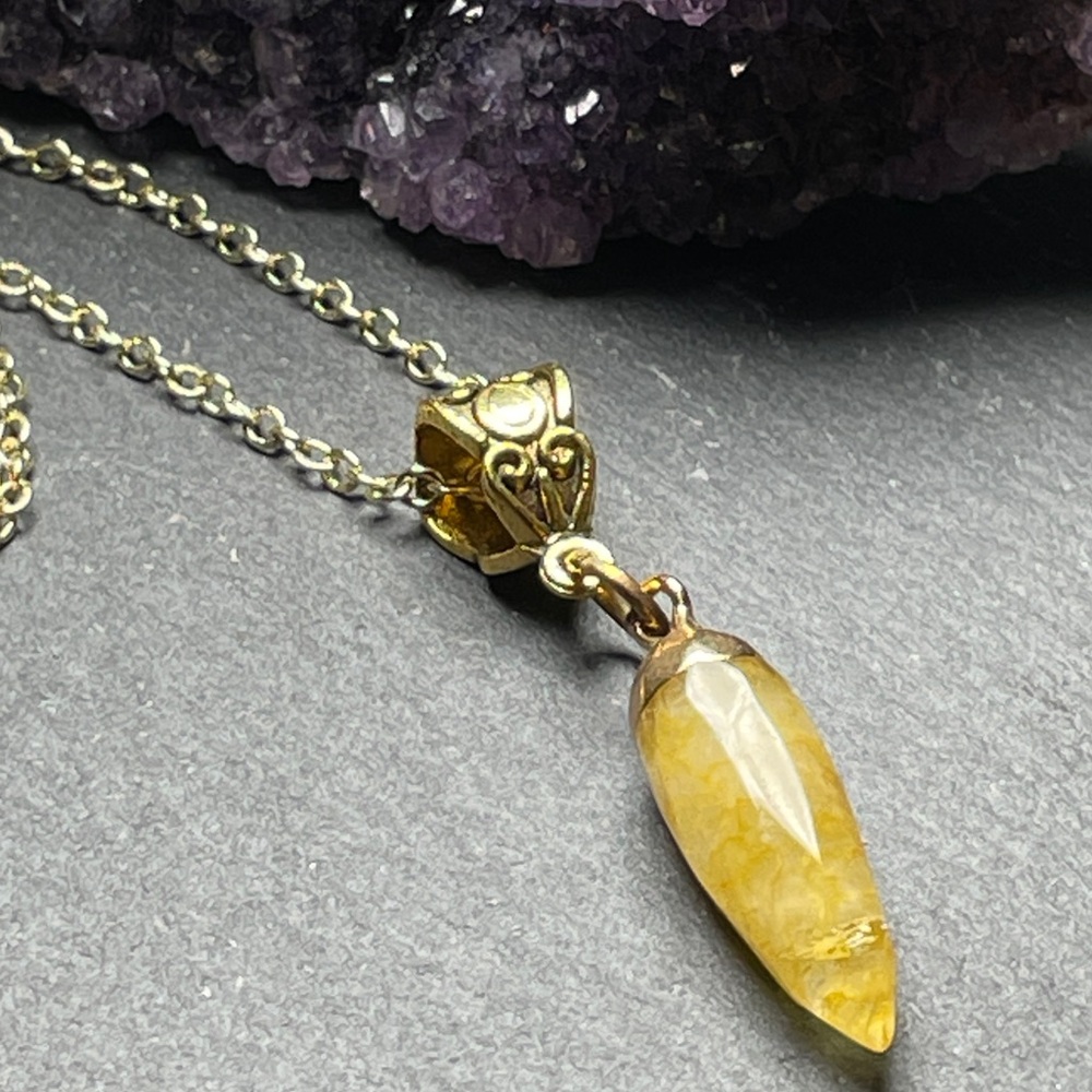 Yellow Jade Nugget Necklace Pendant Gold Plated Chain - Picture 6 of 15